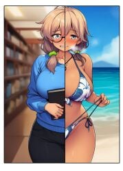 ai_generated beach before_and_after big_breasts bikini dark-skinned_female juxtaposition moneti_(daifuku) monety nerdy_female steamy_breath sweat tanned_female wataru_shimizu