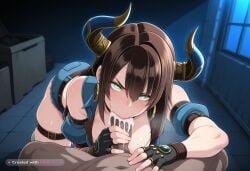 1girl 4k 8k absurd_res african_male aged_down ai_assisted ai_generated all_the_way_to_the_base angry annoyed beautiful beautiful_eyes beautiful_face big_ass black_choker black_gloves blacked blue_jumpsuit braided_ponytail brat bratty breath brown_hair bubble_butt choker cleavage crop_top cum_dump cum_dumpster cum_filled cum_in_mouth cum_overflow cum_splatter cum_string curvy dark dark_skin_male dark_skinned_female deepthroat detailed_background fake_horns gem glowing_eyes green_eyes large_breasts low_ponytail smite