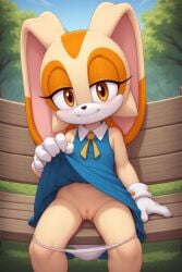 ai_generated anthro brown_eyes cream_the_rabbit dress_lift female furry panties_down pussy rabbit sitting sonic_(series) young