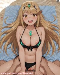 1boy 1girl ai_generated aianoart bikini bikini_bottom_aside black_bikini blonde_hair blush breasts clothing_aside collarbone hetero large_breasts long_hair looking_at_viewer lying missionary mythra mythra_(xenoblade) navel nipples on_back open_mouth penis pubic_hair pussy sex smile swimsuit tiara vaginal xenoblade_(series) yellow_eyes