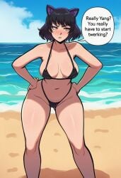 1girl ai_generated animal_ears ass_visible_through_thighs beach bikini black_bikini black_hair black_swimsuit blake_belladonna blue_sky blush breasts breasts_apart cat_ears clothing collarbone day english_text eyeshadow fake_animal_ears feet_out_of_frame female hands_on_own_hips highleg_bikini large_breasts makeup navel ocean outdoors purple_eyeshadow rwby sand short_hair sky solo speech_bubble standing stomach string_bikini swimsuit thick_thighs thighs tsundere water wide_hips yellow_eyes