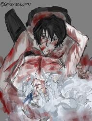 argalia_(project_moon) black_hair blood blood_on_face ero_guro guro highres library_of_ruina non-web_source project_moon roland_(project_moon) self-harm self-upload white_hair wrist_cutting