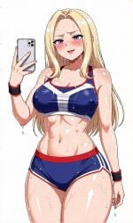 ai_generated blonde_hair bloomers cellphone gym_uniform mount_lady purple_eyes sweat wristband