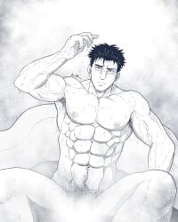 1boy abs armpit_hair armpits arms_up artist_signature bathing bathtub beefy biceps big_areola black_and_white censored collarbone convenient_censoring eight_pack embarrassed frown gay greyscale happy_trail hi_res hiromi_higuruma hunk jujutsu_kaisen leotordo_(leotordoart) looking_at_viewer male male_breasts male_only manly mature_male monochrome moobs muscles muscular muscular_arms muscular_male muscular_neck navel neutral_expression no_visible_genitalia pecs pubic_hair raised_arm short_hair sitting sitting_in_bathtub six_pack solo spread_legs steam very_high_resolution wet wet_body yaoi