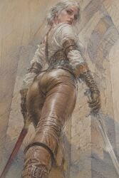 1girls ai_generated ass back_view boots bubble_butt cd_projekt_red ciri clothing female gloves green_eyes light-skinned_female light_skin looking_at_viewer looking_back low-angle_view mascara scar solo solo_female sword the_witcher_(series) the_witcher_3:_wild_hunt white_hair