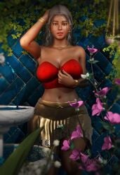 3d dark-skinned_female fountain gold_jewelry golden_skirt green_eyes grey_hair holding_hair looking_at_viewer plant self_upload strapless_top watermark