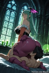 1boy 1girl ai_assisted ai_generated animal_print ass bangs bare_shoulders bat_print bat_wings black_hair black_leotard blue_legwear breasts bridal_gauntlets cleavage crossover curvaceous curvy curvy_female curvy_figure darkstalkers demon_girl erection female green_eyes green_hair head_wings heart_cutout hetero huge_ass huge_breasts leotard long_hair low_wings miyuai moon morrigan_aensland pantyhose print_legwear purple_legwear seiza sitting sitting_on_face sitting_on_person succubus thick thick_ass thick_butt thick_hips thick_legs thick_thighs thighs voluptuous voluptuous_female wide_hips wide_thighs window wings