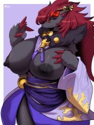 anthro areola asian_clothing bell big_breasts black_areola black_body black_fur black_nipples breasts canid canine claws clothed clothing east_asian_clothing female female_anthro fur generation_5_pokemon ghost_style_zoroark grey_body grey_fur hi_res holowear_(pokemon) huge_breasts japanese_clothing kemono mammal neck_tuft nintendo nipples pokemon pokemon_(species) pokemon_unite purple_clothing red_claws red_hair solo taphris tongue tongue_out tuft yukata zoroark zoroark_(vanessa)