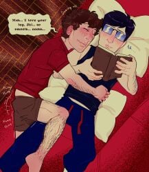 2boys black_hair bonding book boyfriend bradley_(mr_shrink) brown_hair bulge curly_hair digital_drawing_(artwork) digital_media_(artwork) dozing dumb dumb_male english english_dialogue english_text friend friends friends_with_benefits friendship glasses happy hug_from_side human humping humping_friend humping_leg idiot innocent innocent_expression innocent_smile intellectual_disability intelligence_difference learning_disability male male_on_male male_only mental_disability mentally_challenged mentally_deficient mr_shrink neat_hair oc original original_character original_characters pale_skin reading reading_book relaxation relaxing rubbing_leg rubbing_penis_on_lower_body shilo_(mr_shrink) shorts side_hug sleepy smart_male smirk square_glasses straight_hair stupid sweat_pants sweatpants tank_top text text_bubble wobbly