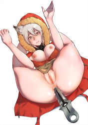 1girl anal anal_object_insertion animal_ears arknights bad_id bad_pixiv_id blush breasts brown_eyes damian_(zontagu_no_heya) grey_hair hood hood_up lips lying medium_breasts navel nipples no_bra no_panties object_insertion on_back open_mouth pretzel_pose projekt_red_(arknights) pussy simple_background solo spread_legs tail thighs uncensored wolf_ears wolf_girl wolf_tail yellow_eyes