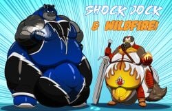 2boys anthro balls belly big_bulge brown_fur bulge bulge_under_clothes canine canine_humanoid dog electrokinesis fat fire furry gloves grey_body hero hero_costume hippopotamid hippopotamus hips hoodie hyper hyper_balls hyper_bulge hyper_penis large_balls large_penis male male_focus male_only mask musclegut muscular muscular_male overweight overweight_male penis pyrokinesis sumo-griz superhero superhero_costume sword thick_thighs thighs weapon weight_gain wide_hips