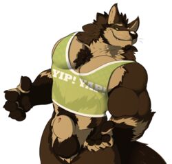 animal_genitalia anthro balls bottomless canine chest_tuft clothed clothing male male_only mammal mosin muscular muscular_male pubes sheath shirt smile solo tank_top tuft