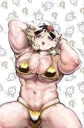 ambush_(trap) armpits arms_up bara big_pecs blonde_hair bulge crossdressing demon_slayer douma gold_bikini golden_bikini golden_week huge_pecs kimetsu_no_yaiba looking_at_viewer male male_only muscular muscular_male pale-skinned_male pale_skin pecs pectoral_cleavage pumu_nui rainbow_eyes solo thick_eyebrows thick_thighs