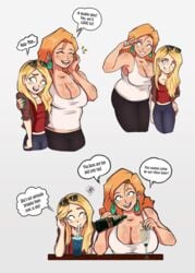 2girls alcohol big_breasts blonde_hair blush breasts cleavage comic drink english_text female_only freckles highres inviting jacket leggings milf mother mother_and_daughter red_hair skuddbutt smile speech_bubble sunglasses tank_top v