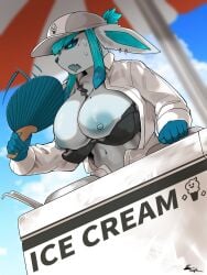 3:4 anthro anthrofied areola big_breasts blue_areola blue_body blue_hair blue_nipples bodily_fluids bra breasts clothed clothing eeveelution eyelashes female female_anthro generation_4_pokemon glaceon hi_res huge_breasts nintendo nipples pokemon pokemon_(species) pupils shirt solo sweat taphris text topwear underwear