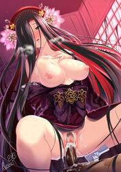 1boy 1girls artist_name bare_shoulders black_hair blush breasts breath butter-t censored collarbone cowgirl_position cum cum_in_pussy dark-skinned_male dark_skin drooling female hair_ornament hair_over_one_eye hand_on_own_chest heart heart-shaped_pupils heavy_breathing interracial japanese_clothes kejourou_(monster_girl_encyclopedia) kimono large_breasts light-skinned_female light_skin long_hair looking_at_viewer mole mole_under_eye monster_girl_encyclopedia mosaic_censoring nipples off_shoulder penis pubic_hair sex solo_focus spread_legs squatting straddling succubus sweat symbol-shaped_pupils vaginal_penetration very_long_hair