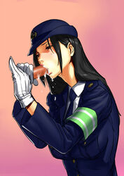 black_hair blue_clothes breasts brown_eyes censored cum cum_in_mouth delta_zone disembodied_penis fellatio female gloves gradient gradient_background half-closed_eyes hat highres lips long_hair looking_away medium_breasts mosaic_censoring oral original penis police police_uniform policewoman red_lips saliva simple_background solo_focus upper_body white_gloves