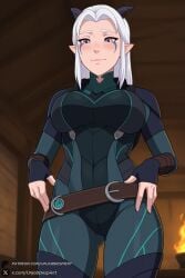 1female 1girl 1girls 2026 ai_generated artist_name ass_visible_through_thighs belt big_ass big_breasts blush bodysuit breasts curvy facial_mark fingerless_gloves from_below gloves hands_on_hips hi_res high_quality high_resolution highres horns huge_ass huge_breasts indoors large_breasts long_hair looking_at_viewer looking_down patreon patreon_username pointy_ears purple_eyes rayla_(the_dragon_prince) smile solo the_dragon_prince unjobdespiert watermark web_address white_hair