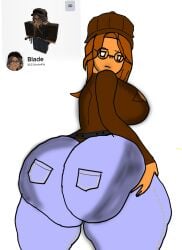 1girls annoyed annoyed_expression ass_focus glass glasses imminent_sex looking_at_viewer looking_back roblox_avatar robloxian showing_ass solo_female solo_focus thick_thighs