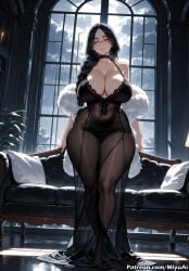 1girl ai_assisted ai_generated artist_name bangs bare_shoulders black_hair black_legwear bleach blush breasts choker cleavage collarbone curvaceous curvy curvy_female curvy_figure dress female fur_trim glasses half-closed_eyes huge_breasts indoors long_hair looking_at_viewer miyuai pantyhose smile solo standing thick thick_ass thick_butt thick_hips thick_legs thick_thighs unohana_retsu voluptuous voluptuous_female wide_hips wide_thighs window