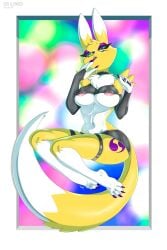 anthro areola armwear bandai_namco big_breasts black_armwear black_bottomwear black_clothing black_sclera black_skirt black_topwear blue_eyes border bottomwear breasts chest_tuft clothing colored_nails digimon digimon_(species) digit_ring dipstick_ears dipstick_tail ear_markings eyelashes eyeshadow facial_markings feet female front_view fur head_markings hi_res hiliwd jewelry leg_markings looking_at_viewer makeup markings multicolored_ears nails navel navel_piercing nipple_slip nipples open_mouth piercing pink_areola pink_nipples purple_eyeshadow purple_nails renamon ring sitting skirt socks_(marking) solo tail tail_markings thick_thighs toe_ring toes topwear tuft under_boob white_body white_border white_fur wide_hips yellow_body yellow_fur