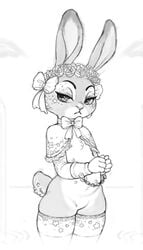 4_fingers anthro black_and_white bondage bound bow bow_ribbon breasts chains choker clothing crookedtrees cuffs disney female femsub flat_chest flat_chested flower_crown half-closed_eyes heart judy_hopps lagomorph legwear looking_at_viewer mammal multi_nipple naked_stockings neck_ribbon nipples rabbit ribbons shackles simple_background solo star stockings teats thigh_highs twinkle white_background wide_hips wrist_cuffs zootopia