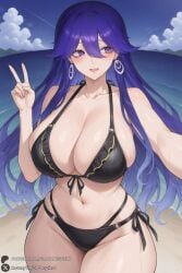 1female 1girl 1girls 2026 ai_generated artist_name bangs bare_shoulders beach big_ass big_breasts bikini black_bikini blue_hair blush breasts cleavage curvy day earrings hi_res high_quality high_resolution highres hoop_earrings huge_ass huge_breasts jewelry large_breasts long_hair looking_at_viewer lucilla_(wuthering_waves) navel ocean open_mouth outdoors patreon patreon_username purple_eyes purple_hair selfie side-tie_bikini_bottom sky smile solo swimsuit thighs unjobdespiert v watermark wet wuthering_waves