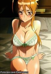 1girls ai_generated before_sex highschool_of_the_dead lingerie rei_miyamoto sitting_on_bed smile solo