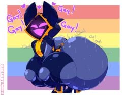 1boy ass big_ass femboy gay high_heels hoodie looking_at_viewer male onomatopoeia pride_colors robot smile solo sweat twerking zeglo-official
