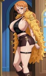 1girls ai_generated big_boobs big_breasts brown_eyes coat curvy curvy_body curvy_female curvy_figure elbaf fur_coat huge_breasts kyoru189 large_breasts light-skinned_female light_skin long_hair looking_at_viewer mature_female nami_(elbaf) nami_(one_piece) one_piece orange_hair skirt solo solo_female