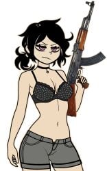 1girl 1girls ak47 ak_47 ashley_graves belly belly_button breasts danger dangerous female female_focus female_only legs medium_breasts necklace pants pink_eyes pussy the_coffin_of_andy_and_leyley thighs waist weapon
