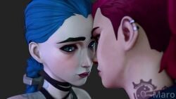 2girls 3d animated arcane arcane_jinx arcane_vi blue_eyes blue_hair blush closed_eyes clothed couple eye_contact female female_only finger_on_lip french_kiss incest jinx_(league_of_legends) kissing league_of_legends maroarom passionate passionate_kiss sensual siblings sisters tagme tattoo tattoos tongue tongue_kiss vi video yuri