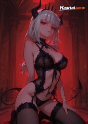 1girl 1girls ai_generated blush blushing demon_girl demon_horns demon_tail female grey_hair haart_ai helltaker lucifer_(helltaker) medium_breasts red_eyes skinny slim_waist tagme white_hair