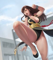 1girls ass_visible_through_thighs big_breasts black_dress black_panties black_underwear breasts brown_eyes brown_hair chun-li chun-li_(battle_ouffit_sfv) dress female large_breasts long_hair mezzo_(orbanga21) official_alternate_costume panties pantyshot pantyshot_(standing) street_fighter street_fighter_v underwear