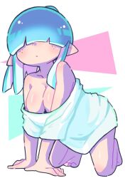 baggy_clothing bent_over blue_hair breasts convenient_censoring freckles hair_covering_eyes inkling_girl light-skinned_female light_skin simple_background splatoon tentacle_hair whichdoll