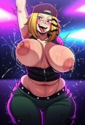 ai_generated arm_up exposed_tits girl green_pants ia_generated jay_(lacey_games) red_cape sexy_pose sweat thighs tomboy yellow_hair