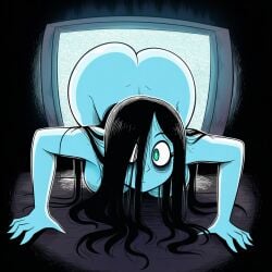 1girls ai_generated big_ass big_breasts big_butt black-haired_female black_hair black_hair_female breasts coming_out_of_tv ghost ghost_girl gray_skin green_eyes hair_over_one_eye hands_on_floor inside long_hair naked naked_female novelai nude nude_female television the_ring yamamura_sadako