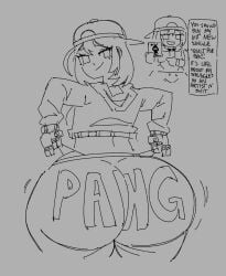 1girls ass big_ass bottom_heavy bubble_butt dialogue dotodonoto fat_ass female female_only gluteal_fold huge_ass large_ass looking_at_viewer looking_back massive_ass original sarah_stacy_(dotodonoto) solo text text_on_clothing thick_ass thick_thighs thunder_thighs wide_hips