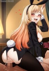 1boy 1girl :d animal_ear_hairband animal_ears anus artist_name ass black_hairband black_jacket black_panties blonde_hair breasts cellphone censored clothing_aside commentary cowgirl_position cum cum_in_pussy cum_overflow dannex009 english_commentary fake_animal_ears fake_tail from_behind girl_on_top gojou_wakana hairband heart hetero holding holding_phone indoors jacket kitagawa_marin large_breasts long_hair mosaic_censoring nipples open_mouth panties panties_aside pantyhose penis phone playboy_bunny rabbit_tail recording reverse_bunnysuit reverse_outfit sex smartphone smile solo_focus sono_bisque_doll_wa_koi_wo_suru straddling tail testicles tongue torn_clothes torn_pantyhose underwear very_long_hair watermark white_wrist_cuffs wrist_cuffs