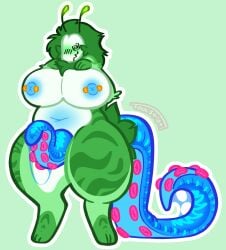 alien big_ass big_belly big_breasts big_nipples big_penis big_thighs blue_penis blush bodily_fluids bodily_fluids_drip dizzy_eyes eyes_closed facing_viewer furry green_body green_fur nude obese smiling standing tentacle tentacle_penis tentacle_tail thick_hips thick_legs thick_thighs