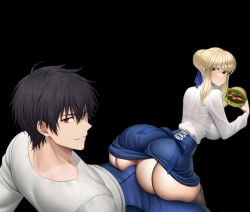 anos_voldigoad artoria_pendragon artoria_pendragon_(fate) black_hair black_thighhighs blonde_female blonde_hair blue_ribbon boner boner_in_pants boner_under_clothes burger fat_ass fate/stay_night fate_(series) green_eyes jeans maou_gakuin_no_futekigousha medium_breasts red_eyes smirk smirking smirking_at_viewer thigh_highs thighhighs white_shirt