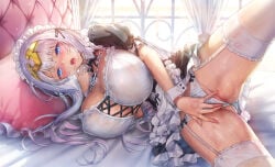 1girl apron blue_eyes bra breasts character_request commentary_request female_masturbation frilled_apron frills hair_ornament head_on_pillow highres hisasi huge_breasts indoors jewel_princess_reincarnation lying maid maid_apron maid_headdress masturbation masturbation_through_clothes on_bed on_side open_mouth panties pillow saliva solo thigh_strap thighhighs underwear variant_set white_bra white_hair white_panties white_thighhighs
