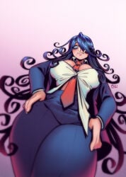 2025 bangs_over_one_eye big_breasts big_thighs cigarette_in_mouth curly_hair eye_behind_hair eyebags ichico_nemuri lipstick long_hair looking_down_at_viewer mole_under_mouth tie_between_breasts undead_unluck wide_hips