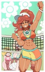 1futa 2girls abs accidental_exposure athletic_female athletic_futa big_breasts breasts circumcised cleavage freckles futanari huge_cock mario_(series) penis penis_out precum princess_daisy princess_peach princess_rosalina ragingbarbarians tan_skin thick_thighs thighs volleyball