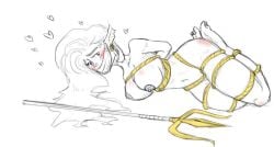 amphitrite_(greek_mythology) blush bondage breasts gag greek_mythology long_hair lucky_boy mouth_gag nude nude_female nudity rope rope_bondage tied tied_up trident