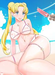 1girls ass beach big_ass big_breasts big_butt bikini bishoujo_senshi_sailor_moon blonde_hair breasts busty cleavage double_bun female female_only hair_bun pink_crown popsicle shounen_jump small_breasts solo solo_female swimsuit twintails usagi_tsukino wet_clothes