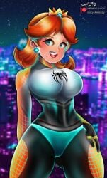 1girls bodysuit boobs breasts brown_hair brown_hair_female city city_background cosplay crossover crossover_cosplay easyskweezy female_only full_body_suit hand_on_hip mario_(series) marvel marvel_comics nintendo princess_daisy short_hair short_hair_female solo_female solo_focus spider-man_(cosplay) spider-man_(series) super_mario_bros. superhero superhero_costume superheroine superheroine_costume tagme tight_bodysuit tight_clothing tight_fit