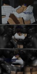 1girl 2futas big_balls big_breasts black_body comic comic_page comic_panel dark-skinned_futa imminent_sex long_penis roblox robloxian scientist steaming_body sweat tits