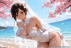1girl ai_generated bangs bare_shoulders beach blue_sky blush breasts bridal_veil brown_eyes brown_hair cherry_blossoms cleavage closed_mouth cloud covered_navel cowboy_shot day detached_collar dutch_angle elbow_gloves flower garter_straps gloves hair_flower hair_ornament hand_on_own_chest horizon kermixx large_breasts leaning_forward leotard lips looking_at_viewer ocean outdoors overwatch petals pink_flower see-through shiny shiny_skin short_hair sky smile solo standing strapless strapless_leotard thighhighs tracer veil water watermark white_gloves white_leotard white_thighhighs