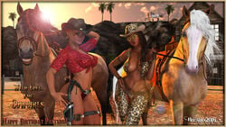 2girls 3d areola_slip armband artist_name bare_shoulders becarra belt big_breasts boots brown_hair busty chloe_yoshida cleavage cosplay cowboy_hat curvy dark-skinned_female dark_skin detailed_background duo english_text eyeshadow female fingerless_gloves firearm front_view glasses gloves gray_eyes gun hand_on_hip handgun hands_on_hip hands_on_hips hat holding_object horse hourglass_figure human long_hair looking_at_viewer makeup midriff multiple_females multiple_girls orange_hair outdoor outside piercing pose posing revolver shiny shiny_skin short_hair siblings sister sisters standing sun sunglasses tail tattoo text thong vest voluptuous weapon wide_hips zoe_yoshida